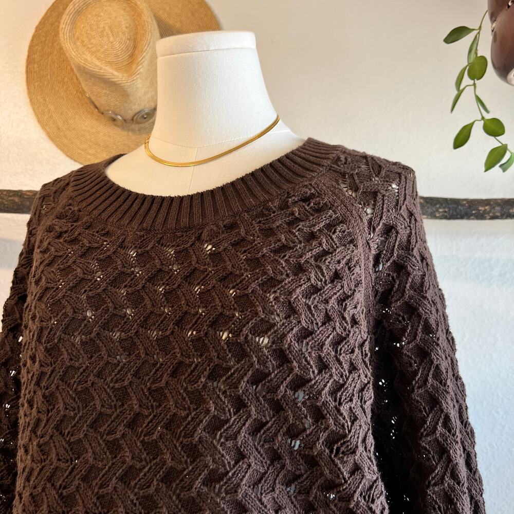 LOFT Cotton Chocolate Brown Chunky Woven Knit Crewneck Sweater Size Large